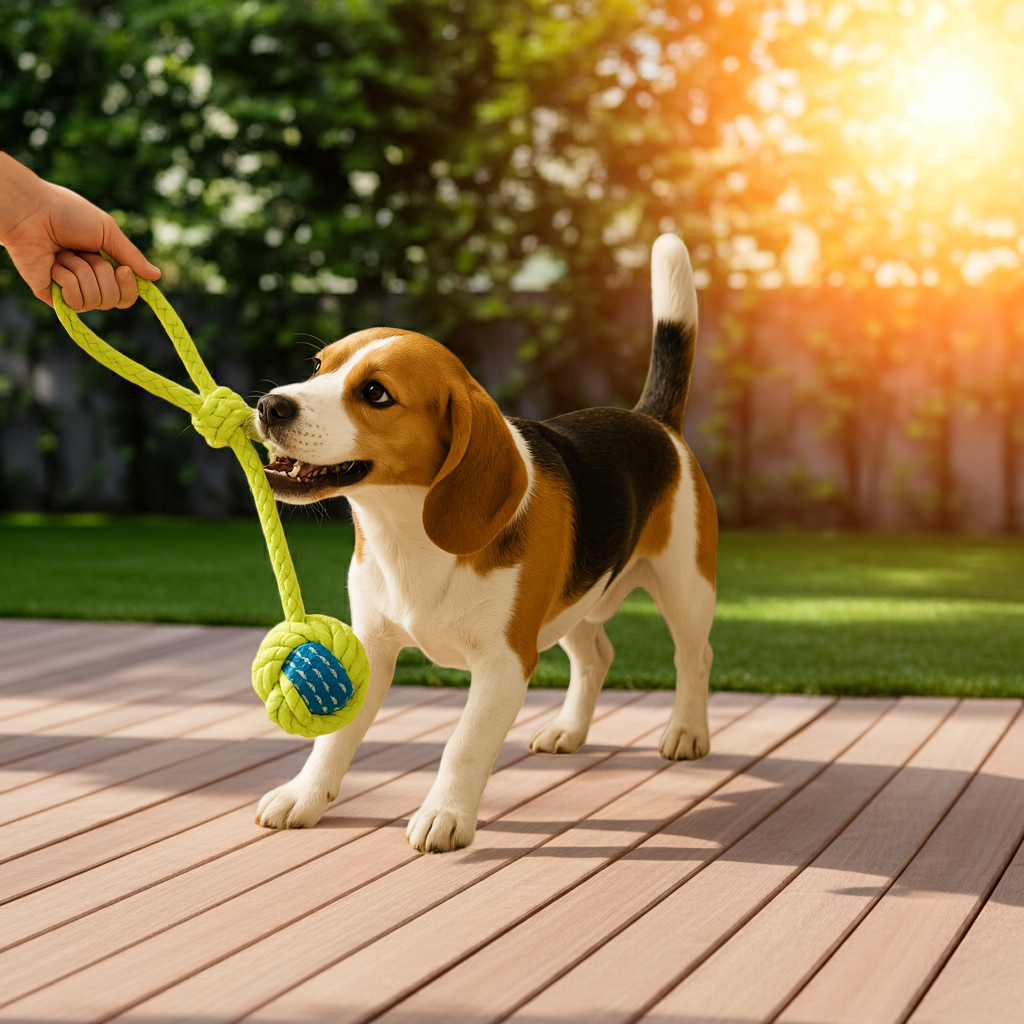 Dog playing with a green toy on a wooden deck with a blurred natural background
