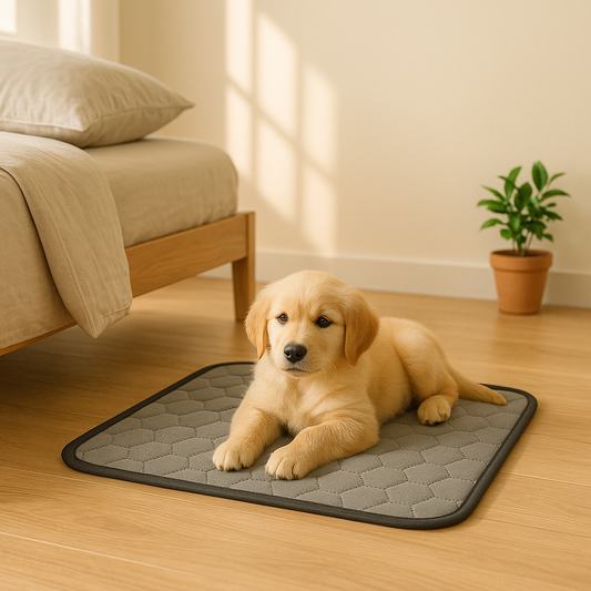 Puppy lying on a quilted mat in a bedroom