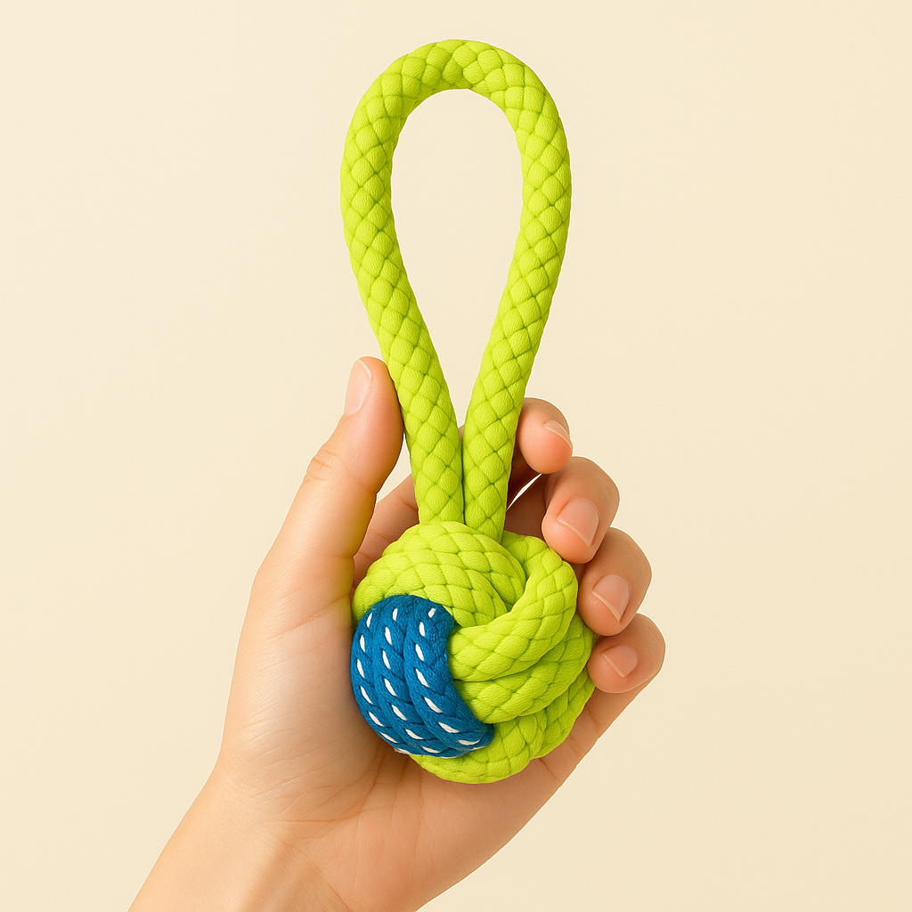 Hand holding a green rope toy with a blue ball on a beige background