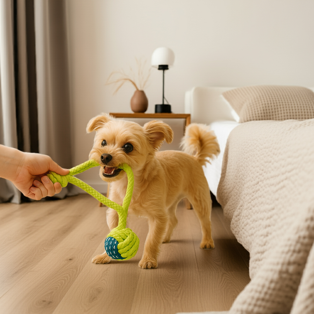 Dog playing with a green rope toy indoors